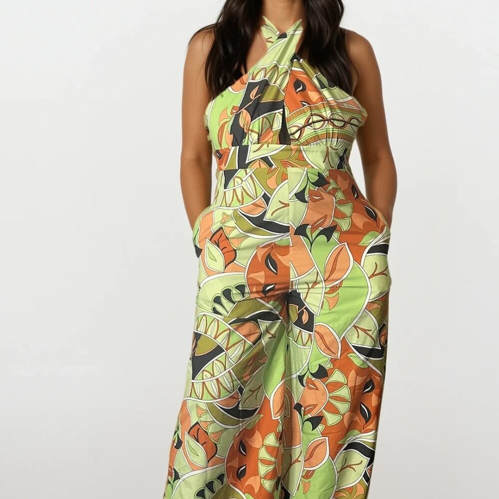 Tropical Print Halter Jumpsuit with Wide- Leg Design